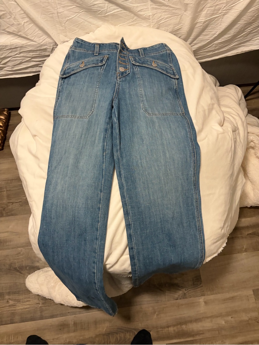 Veronica Beard Light Blue Straight Leg Jeans with Front Button Fly Patch Pockets